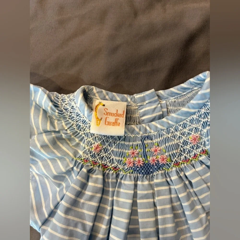 Blue & White Striped Smocked Baby Dress with Pink Trim - Picture 2 of 3